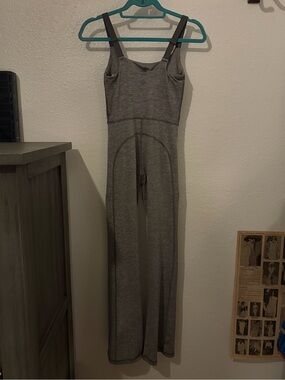 Grey Ribbed Wide-Leg Jumpsuit with Adjustable Straps